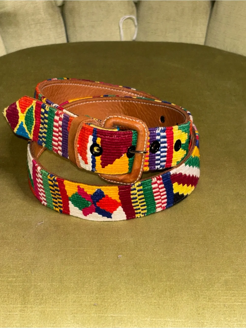 VTG Guatemalan Multicolor Hand Woven Handmade Leather Belt Unisex 36 Boho Hippie